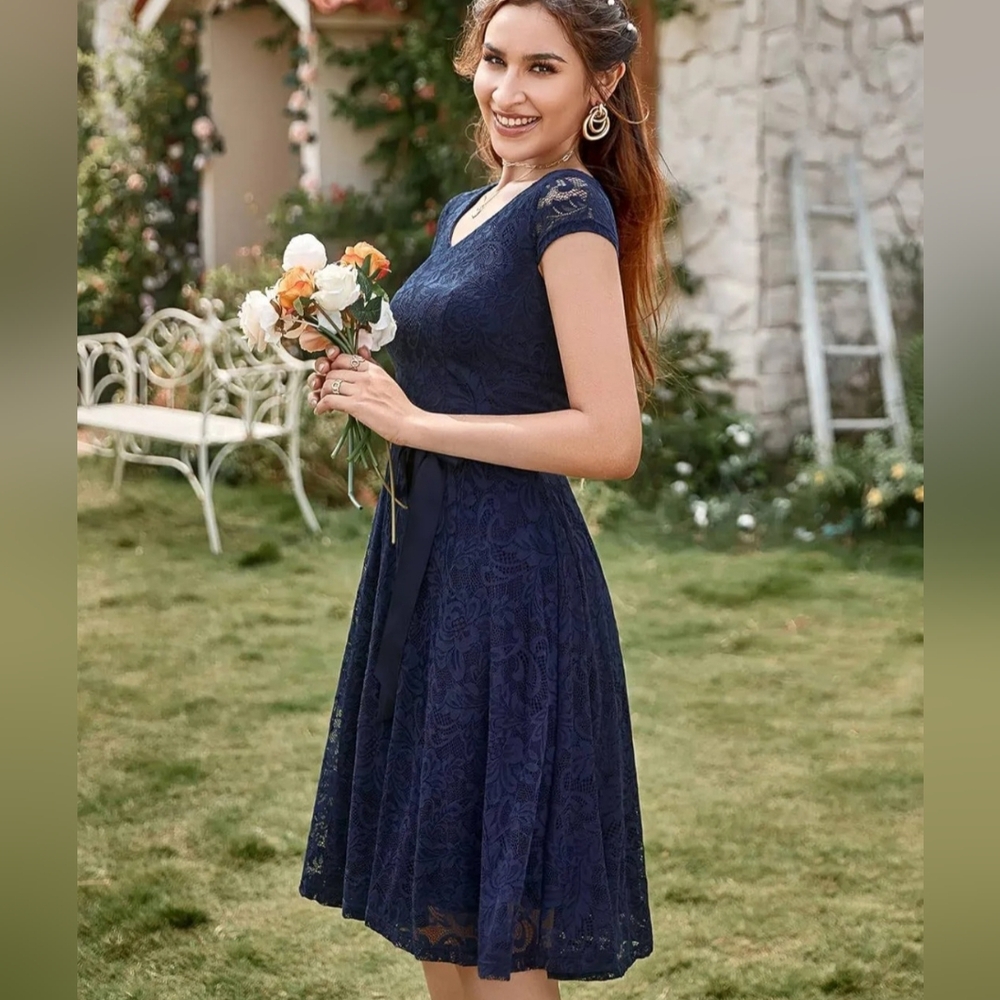 BeryLove Navy Floral Lace Cap Sleeve Midi Dress
